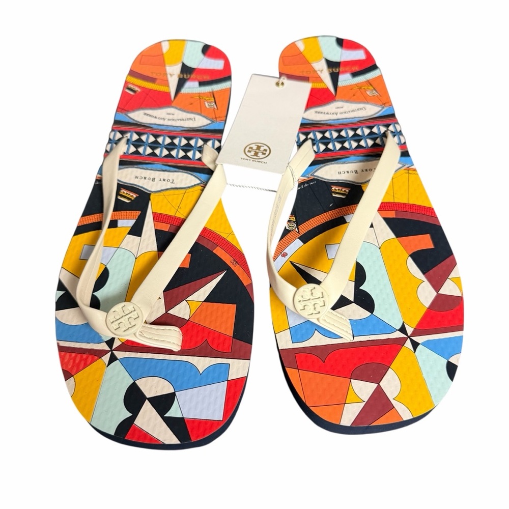 Tory Burch Psychedelic Geo Enamel Logo Flip Flops in Ivory Multicolor - NWOB‎